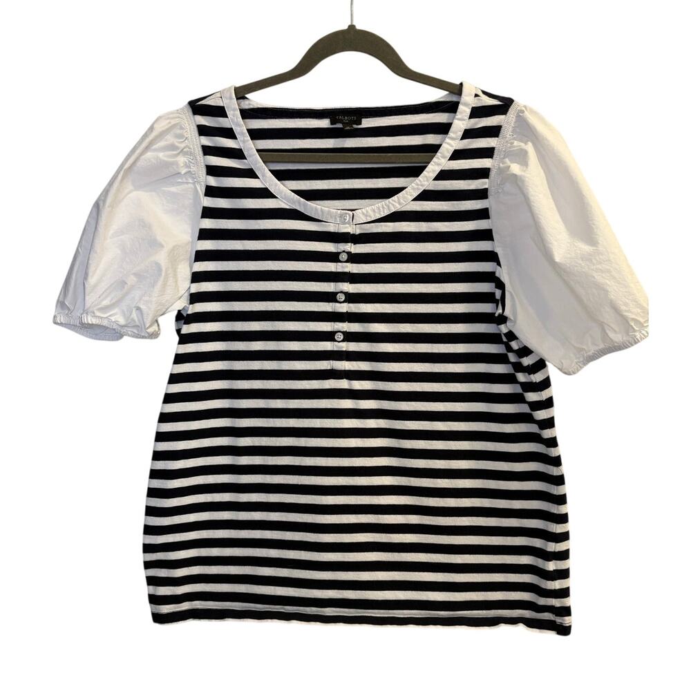 Talbots Navy White Striped Puff Sleeve Mixed Media Scoop Neck Plus Size 1X